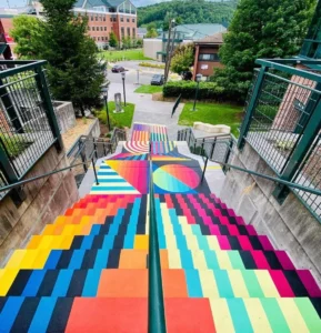 Stairs next to the Turchin Center painted colorfully